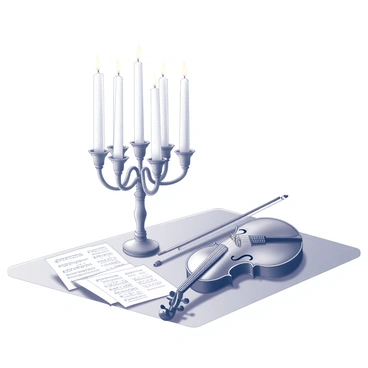 A menorah next to a violin, music sheets scattered around