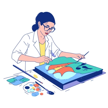 An art conservator in a white lab coat is focused on carefully removing layers from an old, weathered painting. The conservator is using a small brush to delicately peel back the top layers of paint, which are a faded blue and muted yellow. As the layers are being removed, a vibrant and intricate modern design in orange and teal begins to emerge underneath. Surrounding the conservator are various tools, including brushes and a palette, and there is a soft light illuminating the workspace, highlighting the details of both the old and the new design.