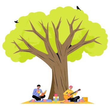 A large ancient banyan tree with thick, sprawling roots and a dense canopy of green leaves. The tree's trunk is wide and gnarled, showcasing its age and strength. Under the tree, a group of three people is sitting on colorful picnic blankets, enjoying a peaceful afternoon. One person is reading a book, another is sipping from a thermos, and the third is playing a guitar. Sunlight filters through the leaves, casting dappled shadows on the ground around them. A few birds are perched on the branches above, adding life to the tranquil scene.