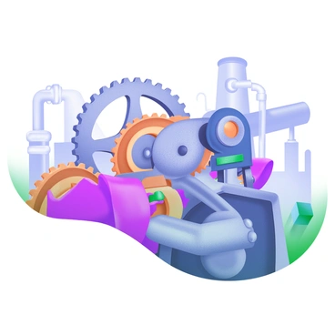 A close-up view of intricate machinery featuring various gears and levers. The gears are metallic and textured, with some exhibiting rust and wear, indicating age and use. The levers have a shiny surface, with labels indicating their functions. In the background, soft outlines of factory elements such as pipes and conveyor belts are faintly visible, providing context to the machinery. The lighting highlights the details of the gears and levers, creating a rich visual texture.