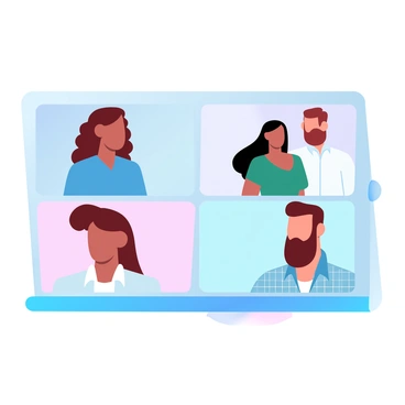 A group of diverse team members is participating in a virtual video call. Each member appears in their own individual video box on a screen. There are four individuals: a woman with curly hair wearing a blue blouse, a man with short brown hair in a white shirt, a woman with straight black hair in a green top, and a man with a beard wearing a plaid shirt. They are all looking towards their screens, with visible enthusiasm and engagement. Colorful virtual backgrounds enhance the setting, with each background reflecting the personality of the team member.