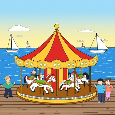 A colorful carousel with vibrant horses and decorative patterns is situated on a wooden dock. The carousel is adorned with bright lights that twinkle as the sun sets. In the background, several sailboats with white sails are gently bobbing on the sparkling blue sea, reflecting the sunlight. The water glistens, and a few fluffy white clouds are scattered in the sky. There are people nearby enjoying the view, with some smiling children pointing at the carousel. The dock is made of weathered planks, adding to the charming seaside atmosphere.