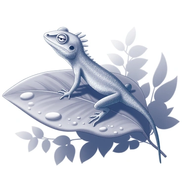 A crested gecko is perched on a large, green leaf, its textured skin glistening with raindrops. The gecko is in a relaxed position, with its eyes partially closed, seemingly enjoying the gentle rainfall around it. Raindrops are visible on the surface of the leaf, creating small pools of water. The leaf is broad, with prominent veins, and its edges are slightly curled, providing shelter to the gecko. Surrounding the leaf are blurred, darker foliage elements, enhancing the focus on the gecko's vibrant detail.