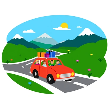 A colorful family car packed with various pieces of luggage is driving down a winding road. The car has a bright red exterior and a roof rack filled with suitcases and bags. On either side of the road, there are lush green hills and vibrant wildflowers swaying in the breeze. In the distance, majestic mountains rise against a clear blue sky. A few fluffy white clouds dot the sky above, and the sun shines brightly, casting cheerful light over the entire scene. The family members inside the car can be seen smiling and enjoying the ride.