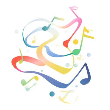 A variety of colorful musical notes are swirling through the air in dynamic patterns. The notes are represented in bright hues of red, blue, yellow, and green. They are floating and intertwining, creating a sense of movement and rhythm. The background is soft and features gentle gradients that complement the vibrant colors of the notes, enhancing their visual impact. Shadow effects give depth to the notes, making them look as if they are dancing in an invisible breeze.