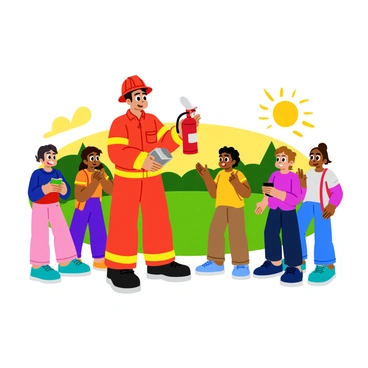 A firefighter in bright red gear stands confidently while demonstrating how to use a fire extinguisher. The firefighter holds the extinguisher with both hands, showcasing its features to the group. Around them, several curious children watch intently, their eyes wide with interest. The children are diverse in appearance, with different hairstyles and clothing styles, reflecting a lively group. The background is a simple outdoor setting, suggesting a schoolyard with a few trees and grass. Sunlight shines down, creating a cheerful atmosphere for the learning experience.