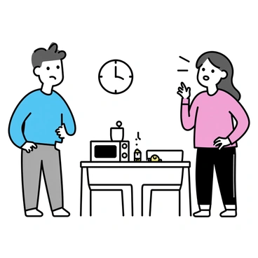 A break room with a small table and two chairs, equipped with a microwave and a coffee maker. An employee, wearing a blue shirt and gray pants, is standing near the table, looking anxious. His colleague, wearing a red shirt and black jeans, is standing closer, gesturing aggressively with one hand raised. The atmosphere appears tense, with a few snacks on the table and a wall clock showing the time.