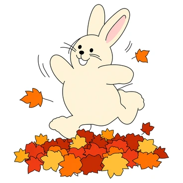 A fluffy white rabbit with large ears is springing joyfully through a vibrant pile of autumn leaves. The leaves are in various shades of red, orange, and yellow, creating a colorful swirl around the rabbit as it leaps. The rabbit's hind legs are extended in mid-air, and its front paws are slightly raised, suggesting a playful energy. The background features more scattered leaves, adding to the autumn atmosphere. A soft breeze is depicted, causing some leaves to flutter around the rabbit in a whimsical motion.