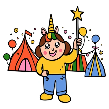 A child with light skin and big eyes, wearing a colorful outfit with bright patterns. The child has a unicorn face paint design featuring a rainbow mane and a golden horn on their forehead. They are holding a sparkly wand with stars on top, and they are standing at a whimsical fair filled with colorful tents and decorations. There are balloons and streamers in the background, creating a festive atmosphere. The child is smiling widely, enjoying the magical surroundings.