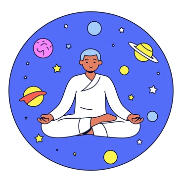 A meditator in a seated position with their legs crossed, wearing a simple, flowing robe. They are surrounded by a vibrant galaxy filled with twinkling stars and various colorful planets. The meditator's eyes are closed, and a soft glow emanates from their body, creating a contrast with the deep space background. Stars are scattered throughout the scene, with some larger planets visible at different distances, each exhibiting unique colors and textures. The overall atmosphere is peaceful and serene, with the vastness of space enveloping the meditator.