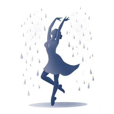 A silhouette of a person dancing in the rain, surrounded by falling raindrops.