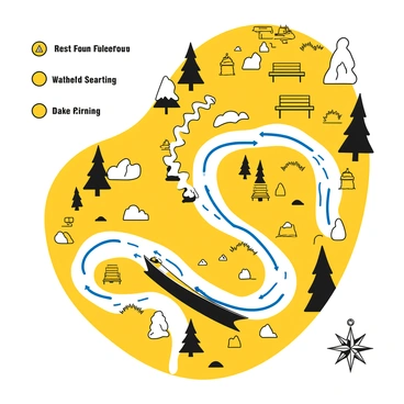 A detailed map illustrating a canoe trail along a winding river. The river flows centrally through the map, with blue lines representing the water flow. Various rest spots are marked with small symbols resembling benches, scattered along the banks of the river. Hazard warnings are indicated with triangular symbols, alerting to potential dangers such as rapids and fallen trees. Surrounding the river are trees, rocky outcrops, and grassy areas, enhancing the natural landscape of the trail. The map includes a legend at the bottom explaining the symbols used for rest spots and hazards, as well as a compass rose for orientation.