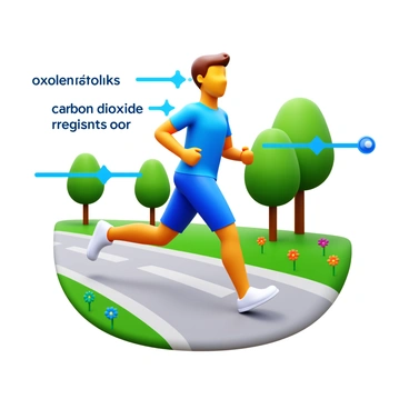 A person jogging in a park, wearing a blue athletic outfit and white running shoes. The jogging path is lined with green trees and colorful flowers. Arrows are illustrated around the person, showing "oxygen intake" flowing into the lungs and "carbon dioxide expulsion" exiting the mouth. The person's facial expression indicates focus and determination as they run.