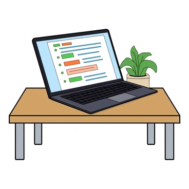 A sleek laptop placed on a wooden table with a silver finish. The screen shows a digital syllabus, featuring various sections clearly labeled and organized. Several interactive elements are highlighted in bright colors, such as buttons and hyperlinks. The background of the screen has a simple light-blue design, creating an inviting look. The laptop's keyboard is black, with the laptop slightly angled to offer a clear view of the screen. A small potted plant is positioned beside the laptop, adding a touch of greenery to the scene.