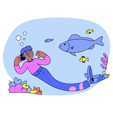 A diver in a wetsuit is swimming underwater, capturing photographs. The diver holds a waterproof camera, positioned to take a shot of a large sunfish, which is gracefully floating nearby. The sunfish has a rounded body and a textured skin pattern, with fins extended. Surrounding the diver and the sunfish are various colorful coral formations and small fish swimming in the blue water. Bubbles are rising from the diver, creating a dynamic underwater atmosphere.
