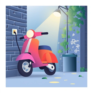 A moped discreetly charging in a narrow city alleyway