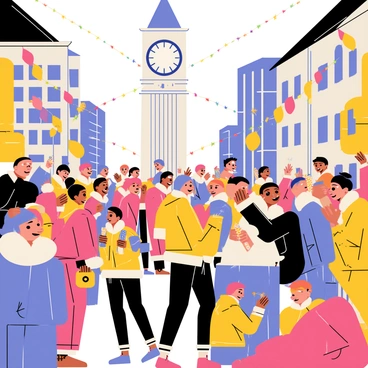 A bustling city square filled with a diverse group of people, eagerly watching a large clock towering above. The clock has a classic design with intricate details and bold numbers. Colorful decorations and lights illuminate the square, creating a festive atmosphere. People of different ages and backgrounds are dressed in warm winter clothing, with some holding sparkling drinks and noisemakers. Excitement is visible on their faces as they anticipate the countdown to midnight on New Year's Eve.