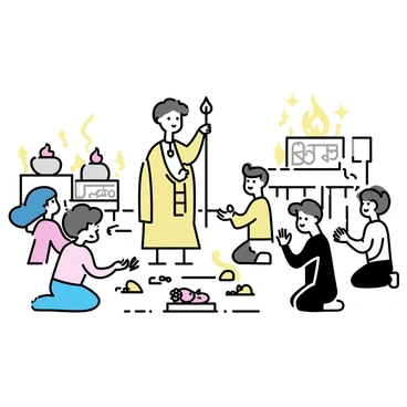 A group of figures in traditional garments performing an ancient religious ceremony. The central figure, wearing a robe adorned with symbols, is holding a ceremonial staff, raised high. Surrounding them are worshippers kneeling, their faces displaying reverence. In the background, large stone structures and altars are visible, covered in intricate carvings. The setting is illuminated by flickering torches, casting shadows on the ground. Various offerings such as fruits and flowers are placed on the ground near the altars.