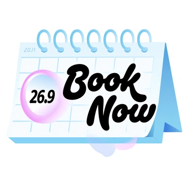 A calendar with a circled date and 'Book Now' written in vibrant colors