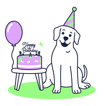 A Labrador sitting on a grassy surface wears a colorful party hat tilted slightly to one side. Next to the Labrador, there is a round cake placed on a small table. The cake features "Happy Birthday" written on top in a decorative font. Surrounding the cake, there are dog bone decorations both on the cake and arranged around it. In the background, there are festive balloons tied to the table, adding to the celebratory atmosphere.
