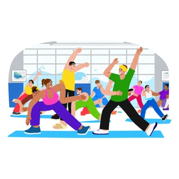 A group of cyclists is stretching together in a bright, spacious indoor studio after an energetic cycling class. They are positioned in a semi-circle, each person performing a different stretching pose. One cyclist, a woman with short brown hair, is reaching toward her toes, while another, a tall man with a yellow headband, is stretching his arms overhead. The class is filled with a mix of individuals, varying in age and athletic build, all dressed in colorful cycling attire. The walls of the studio are adorned with motivational posters, and large windows allow natural light to pour in, enhancing the atmosphere of relaxation and recovery.
