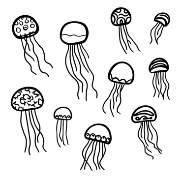 A collection of jellyfish floating gracefully in water, each featuring intricate patterns on their bell-shaped bodies. Some jellyfish have long, flowing tentacles that trail behind them, while others have shorter, more compact tentacles. The scene captures several jellyfish in different sizes, with some positioned in the foreground and others further back, creating a sense of depth. The overall composition highlights the unique shapes and textures of each jellyfish, as they gently move through the water.