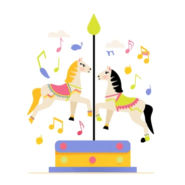 A colorful carousel featuring two ornate horses with decorative patterns and flowing manes. The horses are positioned on a circular platform adorned with bright lights. Surrounding the carousel are swirling musical notes in various sizes, floating through the air. Scattered among the notes are cartoon-style instruments including a red trumpet, a blue drum, and a yellow violin, creating a lively atmosphere. The background shows a playful sky with fluffy clouds and a hint of a setting sun.