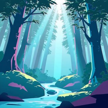 Sunbeams piercing through a dense canopy of lush green leaves in a forest. The rays of light create a dappled pattern on the forest floor, illuminating patches of soft moss and fallen leaves. The atmosphere is filled with mist that adds a sense of depth, while shadows create contrast among the towering trees and foliage. A small, tranquil stream meanders through the scene, reflecting the sunlight and enhancing the mystical setting.