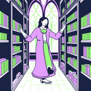 A spectral librarian is floating between towering shelves in a gothic library. The librarian has an ethereal appearance, with translucent features and flowing robes that blend into the air. Books are arranged meticulously on the shelves, some with ornate bindings and gilded edges. Cobwebs hang from the ceiling and drape over the shelves, adding an element of age to the environment. A faint glow emanates from the librarian's hand as she gently adjusts a book on a shelf. Dim light filters through stained glass windows in the background, casting intricate patterns on the dusty wooden floor.