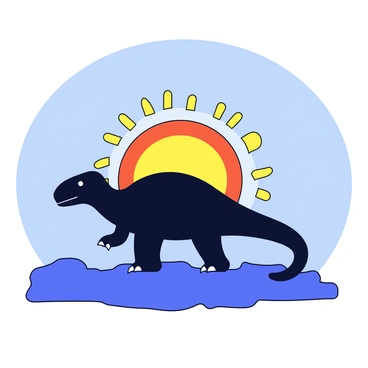 A silhouette of an iguanodon standing on a rocky surface. The iguanodon has a distinct, robust body with a long tail and a prominent thumb spike. Behind the iguanodon, a large sun is rising on the horizon, casting warm orange and yellow rays. The sky above is a gradient of deep blue transitioning to lighter shades near the sun. The scene conveys the transition from night to day, with the iguanodon poised as if ready to greet the new dawn.