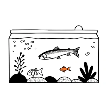 A brown trout swimming gracefully in a large aquarium filled with clear water. Surrounding it are various freshwater fish, including a school of small silver minnows darting about and a couple of vibrant orange goldfish gliding slowly. Rocks and aquatic plants decorate the bottom of the aquarium, providing a natural habitat. Light filters through the water, creating gentle ripples and reflections. The scene captures the lively underwater environment of the aquarium.