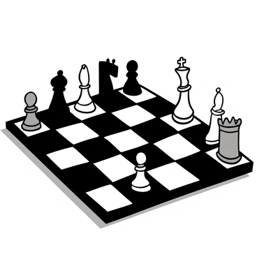 A chessboard with alternating black and white squares, showing a mid-game position with various pieces in strategic placements. The black pieces include a knight, a rook, and a queen positioned aggressively, while the white pieces consist of a pawn, a bishop, and a king maintaining a defensive stance. The scene captures the intensity of the match, with the pieces in sharp detail, reflecting the competitive atmosphere of the game, and the shadows cast by the lighting highlighting the intricate design of each chess piece.