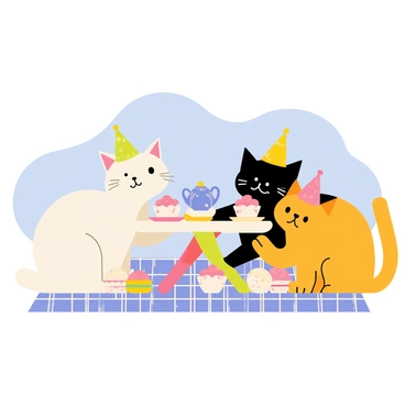 Three cats seated around a small round table, each wearing a colorful party hat. The cats are of different breeds: a fluffy white Persian cat, a sleek black Siamese cat, and a playful orange tabby. They have tiny teacups in front of them, with delicate floral patterns, and are surrounded by an array of pastries, including pink frosted cupcakes, colorful macarons, and small fruit tarts. The scene is lively, as the cats interact with each other, with one cat pouring tea from a tiny teapot while another reaches for a pastry. The table is set on a checkered picnic blanket under a bright blue sky.