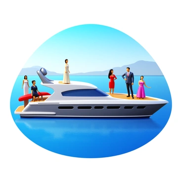 A yacht with a sleek design is floating on calm waters. Models are posing stylishly on the deck, showcasing high-fashion outfits. Each model has distinct clothing styles, including elegant dresses and tailored suits. The sunlight reflects off the water, creating a shimmering effect around the yacht. The background features a clear blue sky and distant hills. Some models are interacting playfully, adding dynamic poses to the scene.