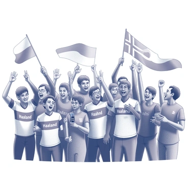 A large group of enthusiastic fans is gathered in a stadium. Many of them are wearing "Haaland" jerseys featuring the player's name and number prominently displayed. The fans are holding and waving various flags, creating a dynamic atmosphere. Some fans are cheering loudly, while others are capturing the moment with their smartphones. The scene is filled with energy and excitement as the crowd celebrates.