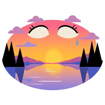 A pair of large, expressive eyes with long eyelashes are shedding tears. The eyes are looking at a vibrant sunset that casts warm shades of orange, pink, and purple across the sky. Below, a calm lake reflects the colors of the sunset, creating a mirror-like effect. The surrounding landscape features silhouette trees and gentle hills framing the lake, enhancing the beauty of the scene.