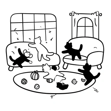 A group of kittens playfully tumbling and chasing each other across a cozy living room. One kitten is mid-pounce with its paws extended, while another kitten is rolling onto its back, all surrounded by various toys scattered across the floor. A soft rug lies beneath them, and a plush sofa is positioned against the wall, creating a warm atmosphere. The sunlight streams in through a window, casting playful shadows around the room.
