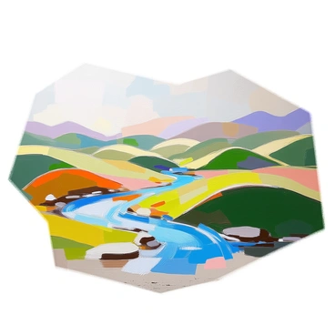 A large mural depicting an abstract interpretation of "rolling hills" characterized by smooth, flowing curves in various shades of green. The hills are interspersed with "winding rivers" that meander through the landscape, illustrated in vibrant blues and teals. The composition features soft transitions between the hills and rivers, creating a sense of movement. The background is filled with a gradient that suggests a sky, transitioning from light to darker tones, enhancing the contrast with the land. Overall, the mural presents a harmonious blend of nature's forms.