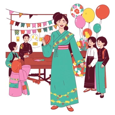 A teal teacher is wearing a colorful traditional attire, adorned with intricate patterns and designs. She is actively participating in a school cultural festival, surrounded by decorations that reflect the theme of the event. The teacher is smiling, holding a small orange tambourine in one hand, and engaging with students who are dressed in various traditional costumes. Colorful banners and balloons can be seen in the background, enhancing the festive atmosphere.