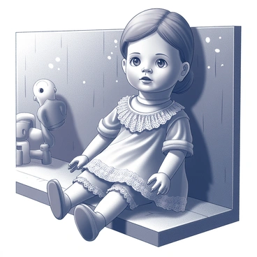 A porcelain doll, displaying a cracked face and missing one eye, is positioned on a dusty wooden shelf. The doll's clothes are tattered, featuring intricate lace and faded patterns. Dust motes float in the dim light that filters around the shelf, creating an atmosphere of neglect. The shelf itself is worn, with visible scratches and splinters, holding a few other forgotten trinkets. The overall scene conveys a sense of age and abandonment.