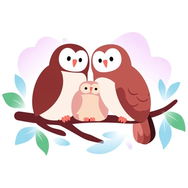 A family of owls is perched on a sturdy branch. The two adult owls are on either side, their feathers displaying various shades of brown and white. They stand protectively close to a small baby owl nestled comfortably between them. The baby owl has soft, fluffy feathers that are lighter in color. The surrounding branches are adorned with green leaves, and a gentle breeze creates a slight movement in the foliage. A soft, pastel gradient color fills the sky behind them, transitioning smoothly from light pink to soft blue.