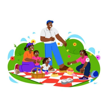 A joyful scene featuring "Jackie Robinson" surrounded by his family. He stands in the center, smiling broadly, with his wife "Rachel Robinson" by his side. They are joined by their children, who are laughing and playing. The setting is a sunny park with green grass and colorful flowers in the background. The family is sharing a picnic on a red and white checkered blanket, with a basket filled with assorted treats. Each family member is dressed in bright, cheerful clothing, emphasizing the warmth and happiness of the moment. "Jackie Robinson" is holding a baseball in one hand, symbolizing his legacy.