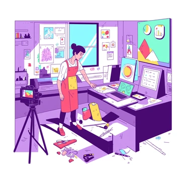 An artist is standing in a vibrant studio filled with various sketches and ideas for their next video project. The walls are adorned with colorful drawings, and a large, unfinished canvas leans against one of them. The artist, wearing an apron splattered with paint, is looking thoughtfully at a sketchbook resting on a table cluttered with markers and pencils. Around the studio, there are various video production items, such as a camera on a tripod and a laptop displaying editing software. A bright window lets in natural light, illuminating the scene and casting playful shadows across the floor.
