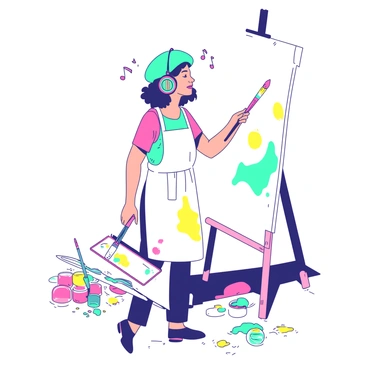 An artist painting on a canvas while listening to music through colorful headphones.