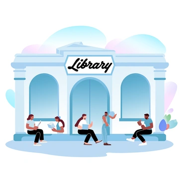 A city library facade with large, arched windows and decorative elements. There are people sitting on benches outside, engrossed in their books. Some individuals are leaning against the library's exterior while reading, and a few others are walking by, holding books. The library signage prominently displays the word "Library" above the entrance. The scene is set against a backdrop of a clear sky with gradient pastel colors blending softly.