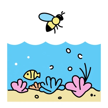 A honeybee with yellow and black stripes is hovering above a vibrant coral reef. The bee has delicate wings that glisten under the water's surface. Beneath it, colorful fish swim among the corals, which feature shades of pink, blue, and orange. Bubbles rise towards the surface, creating a sense of movement. The sunlight filters through the water, casting shimmering patterns on the sandy ocean floor.