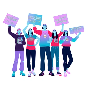 A lively group of fans standing together in a public space, all wearing vibrant merchandise such as jerseys and hats featuring their favorite team’s logo. They are excitedly holding colorful signs with messages of support. Some fans have their arms raised in cheers, while others are smiling and enjoying the moment. The scene is filled with energy and enthusiasm, showcasing the fans’ passion and camaraderie as they celebrate together.