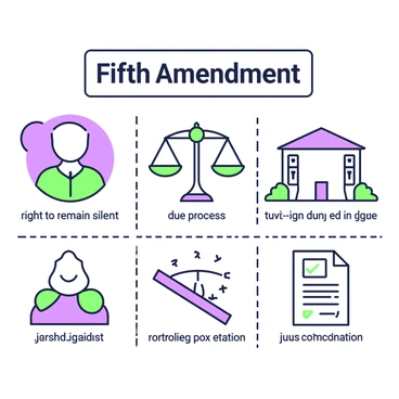 An infographic featuring the key points of the Fifth Amendment. At the top, there is a green and purple outlined title that reads "Fifth Amendment". Below, various sections illustrate important concepts. On the left, there is an icon of a person with a speech bubble, symbolizing "right to remain silent". Beside it, a balanced scale represents "due process". In the center, a simple icon of a house indicates "protection against self-incrimination". To the right, an icon of a group of people symbolizes "grand jury". At the bottom, there is a representation of a document with a checkmark, illustrating "just compensation". Each icon is clearly defined with green and purple outlines against a neutral background.