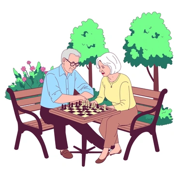 Two senior citizens are seated on a wooden park bench under bright sunlight. The first senior citizen, a man with gray hair, is focused intently on the chessboard, which is set on a small table in front of them. He is wearing a light blue shirt and glasses. The second senior citizen, a woman with short white hair, is leaning slightly forward, contemplating her next move. She is dressed in a pastel yellow sweater. The chess pieces on the board are intricately designed, showcasing a classic style. In the background, there are green trees and colorful flowers, enhancing the cheerful atmosphere of the sunny park.