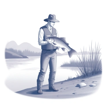 A fisherman stands on the riverbank, holding a freshly caught carp in his hands. He has a focused expression on his face as he admires his catch. The river flows calmly beside him, with gentle ripples reflecting the surrounding landscape. Tall grasses and a few scattered rocks line the bank, framing the scene. The fisherman is wearing a fishing vest and a wide-brimmed hat, completing his outdoor attire. The fish is large, with distinct scales and fins, emphasizing the successful catch of the day.